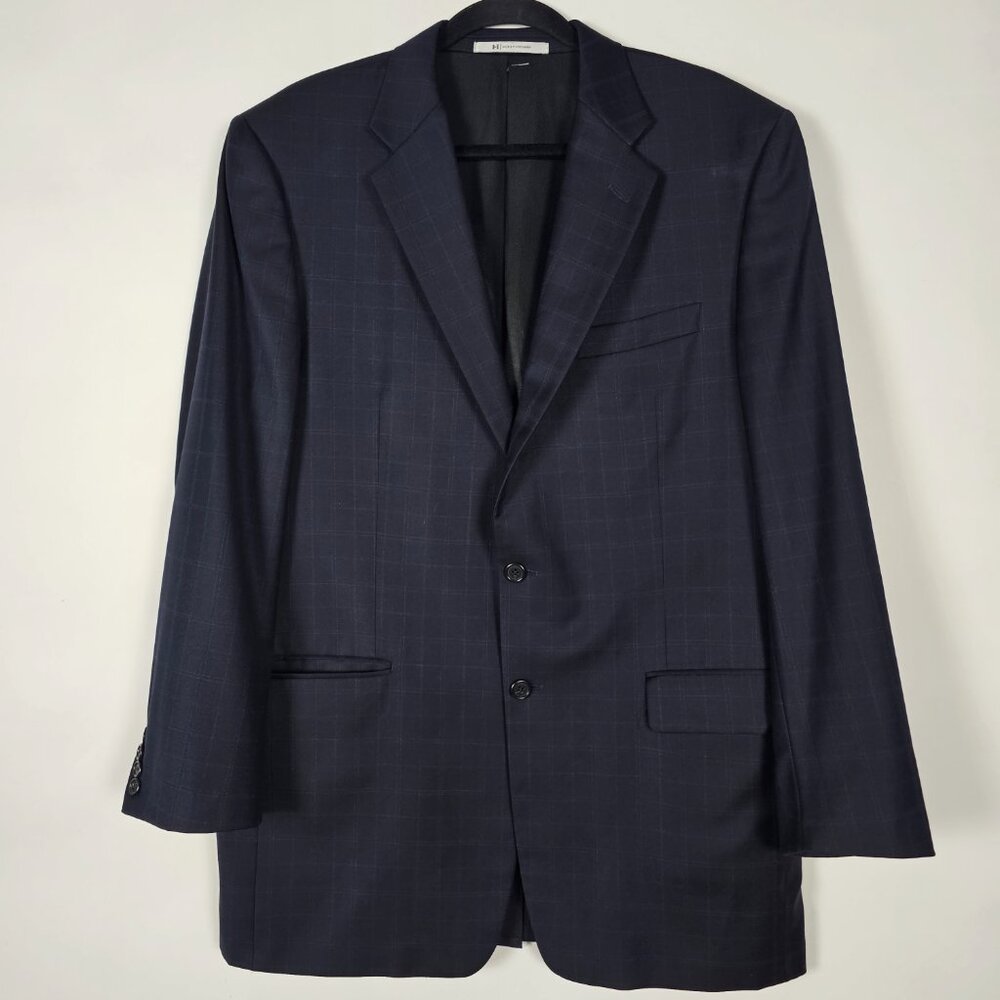 Hickey Freeman 100% Worsted Wool Plaid Mens 42L Long Navy Blazer Jacket